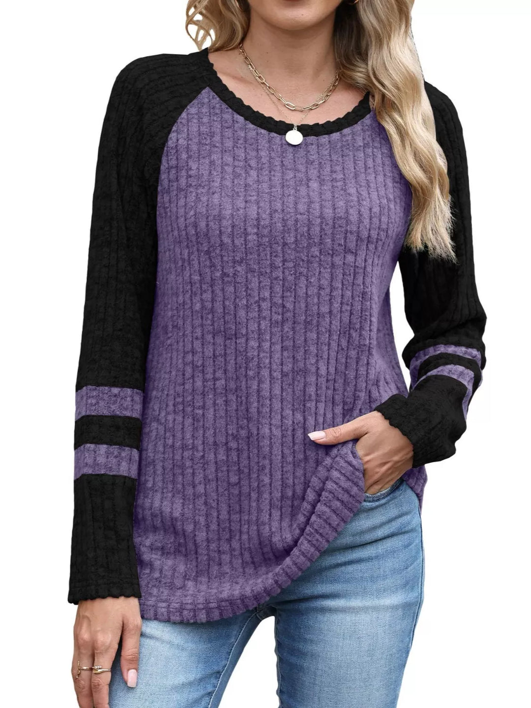 Mauve Ribbed knit raglan long sleeve top with varsity stripe sleeves