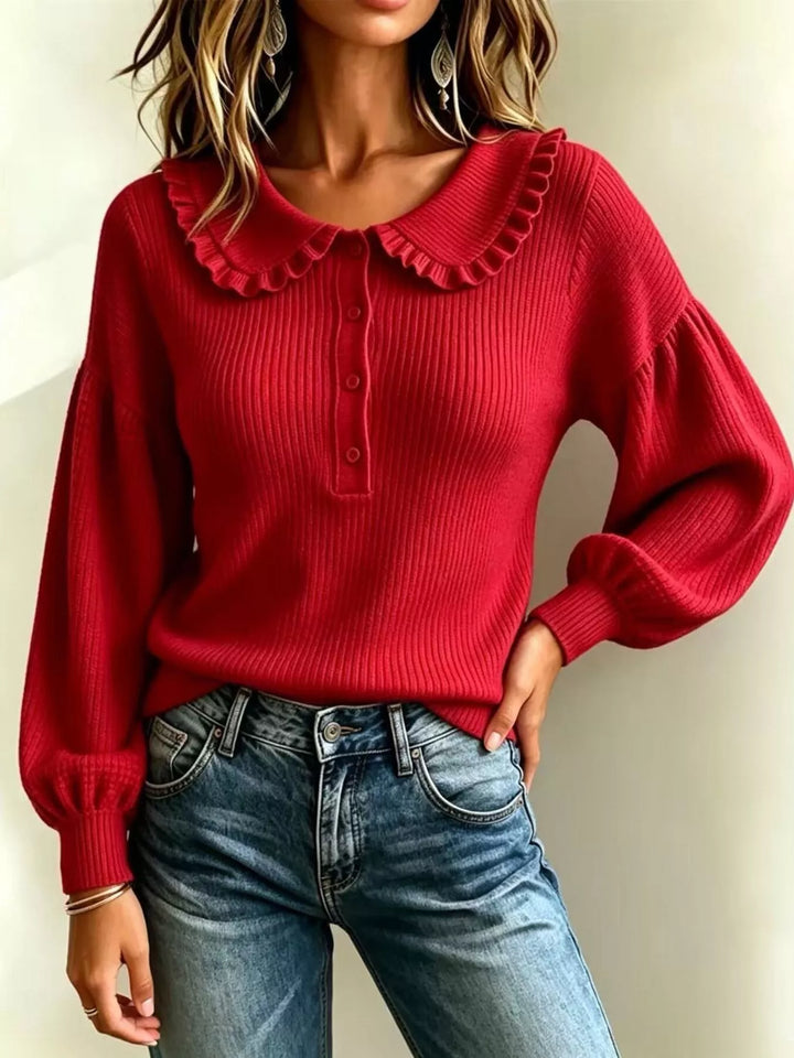 Ruffle collar ribbed knit sweater with button placket
