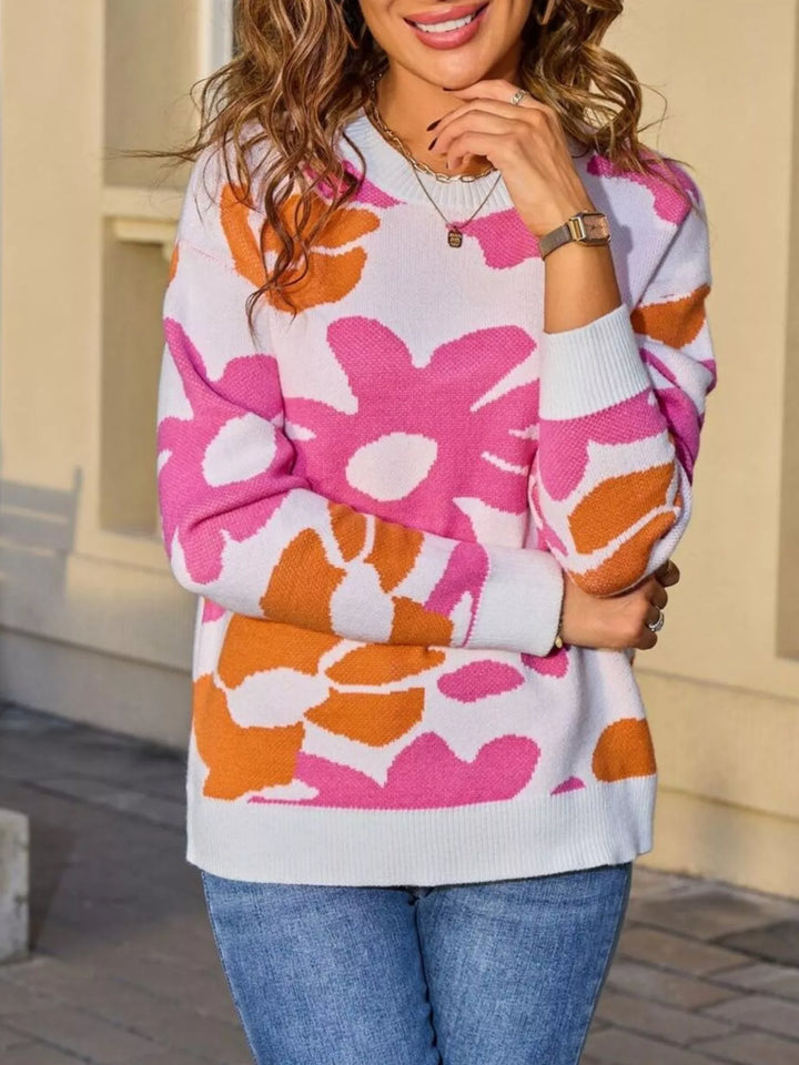 Retro floral knit crew neck pullover sweater