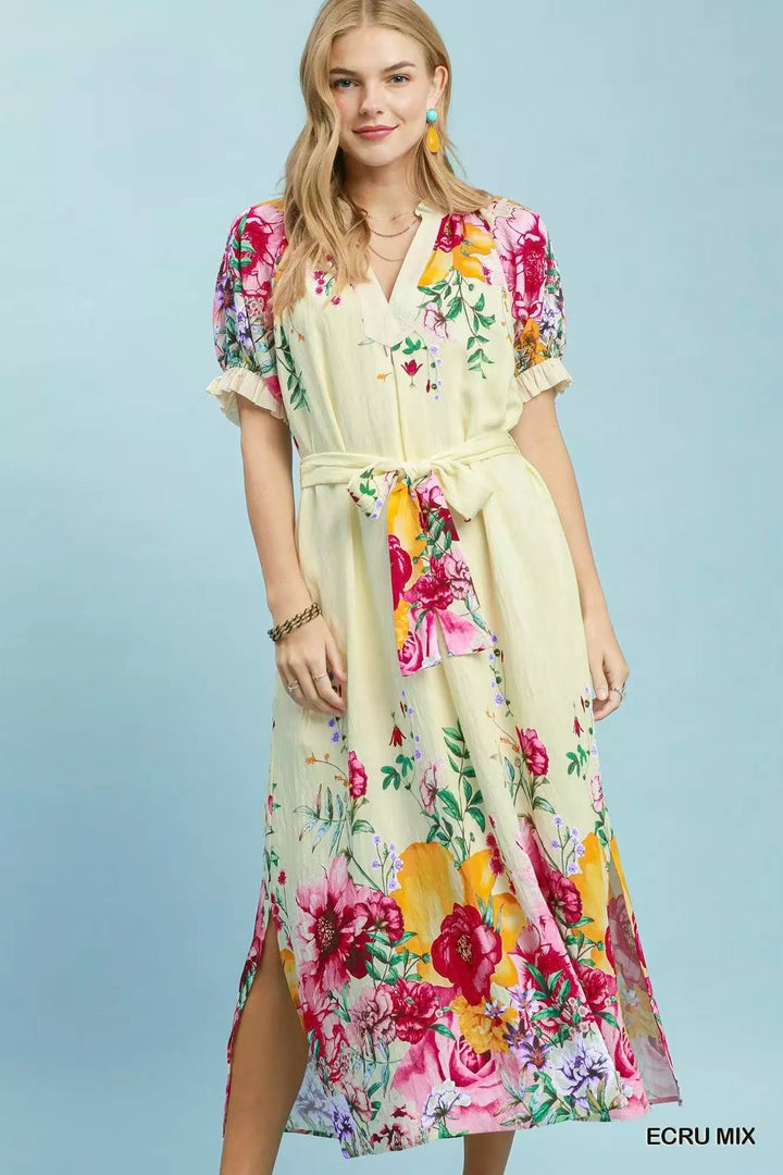 ECRU MIX Floral border print midi dress with puff sleeves and tie belt
