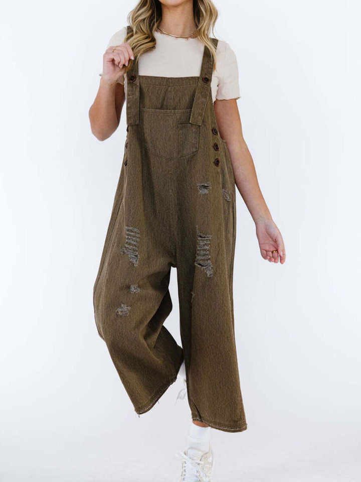 Brown Distressed wide leg denim overalls with adjustable straps
