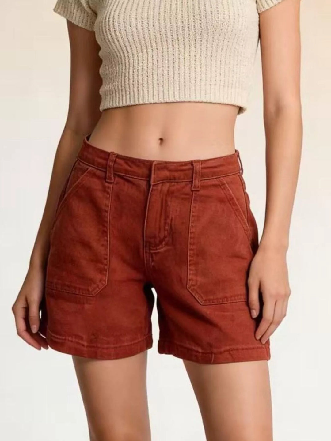 Patch pocket mid-rise denim shorts with cuffed hem