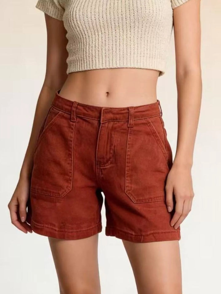 Patch pocket mid-rise denim shorts with cuffed hem