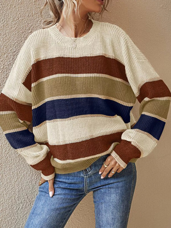 Apricot Color block striped crew neck knit sweater