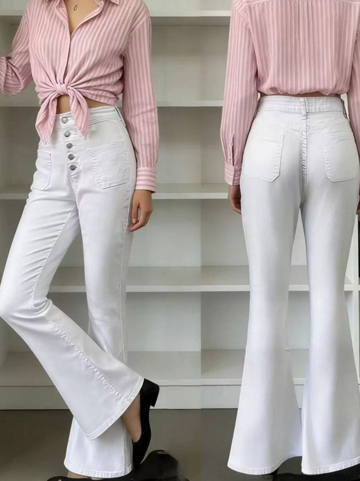 High-waisted button-fly flare jeans with patch pockets