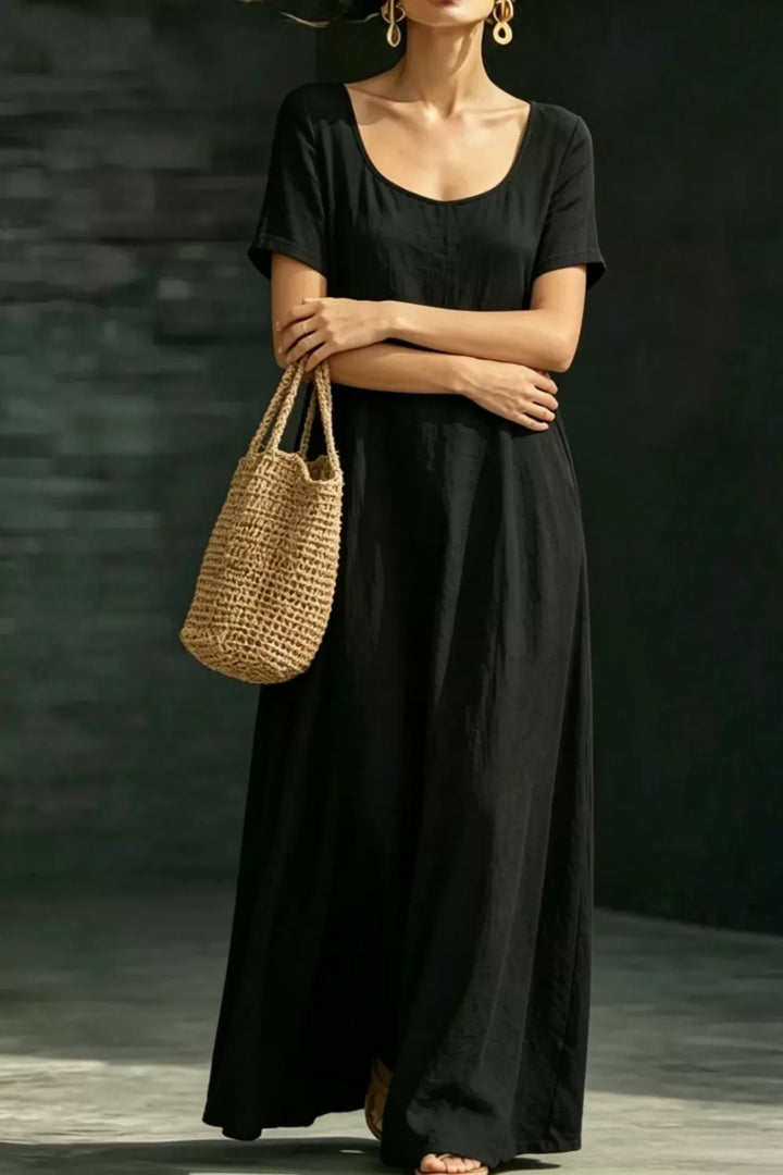 Black Relaxed scoop neck short sleeve maxi dress with pockets