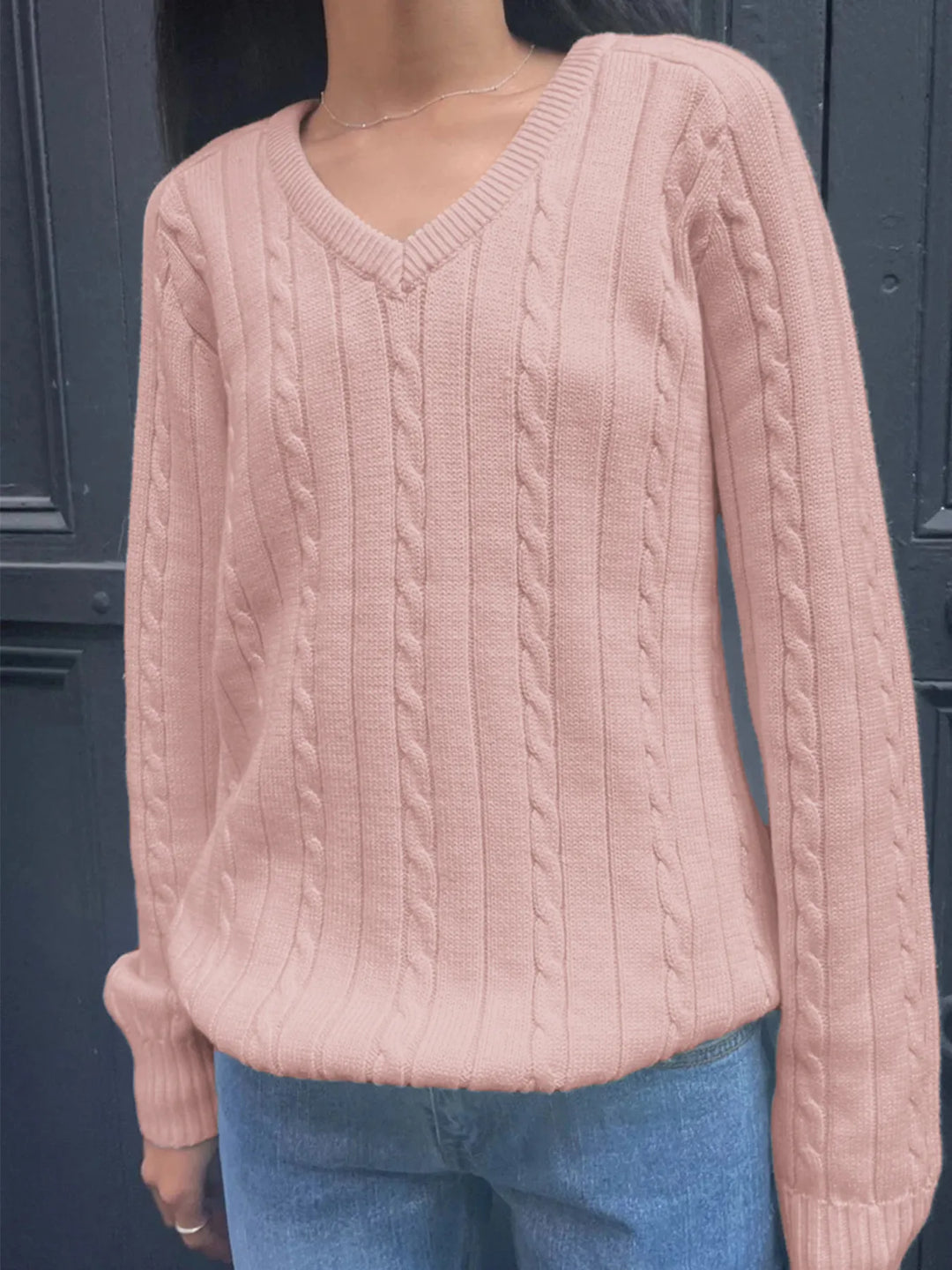 Cable knit V-neck pullover sweater with ribbed trim