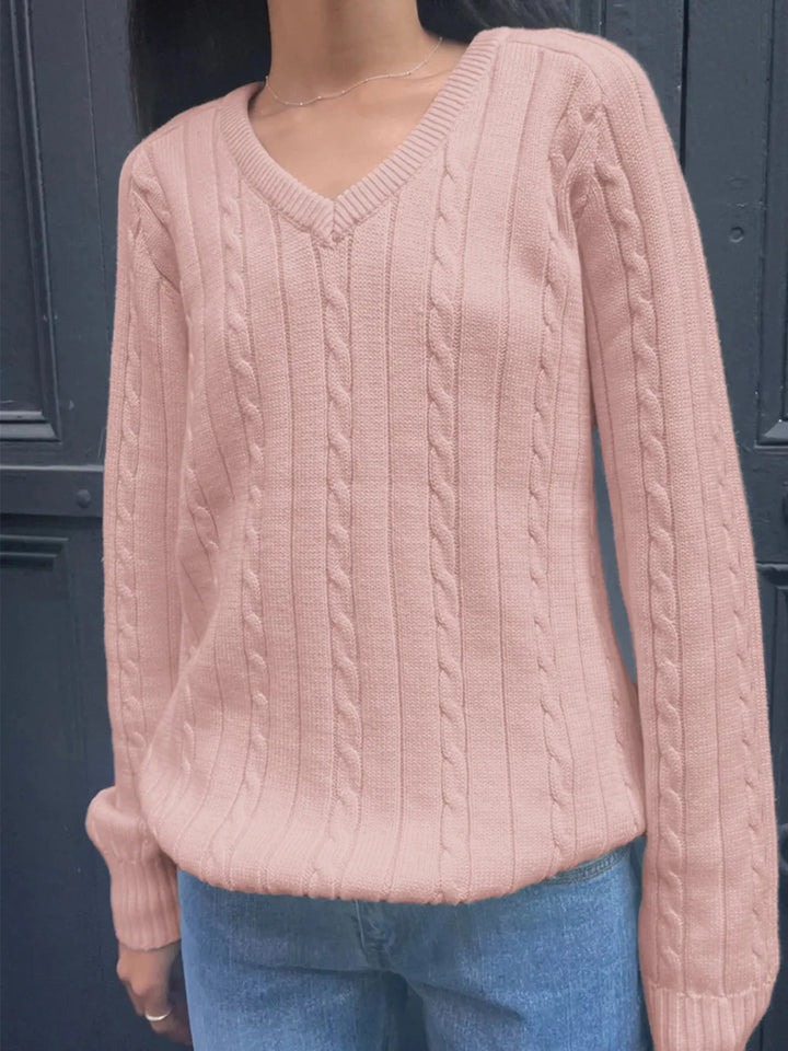 Cable knit V-neck pullover sweater with ribbed trim