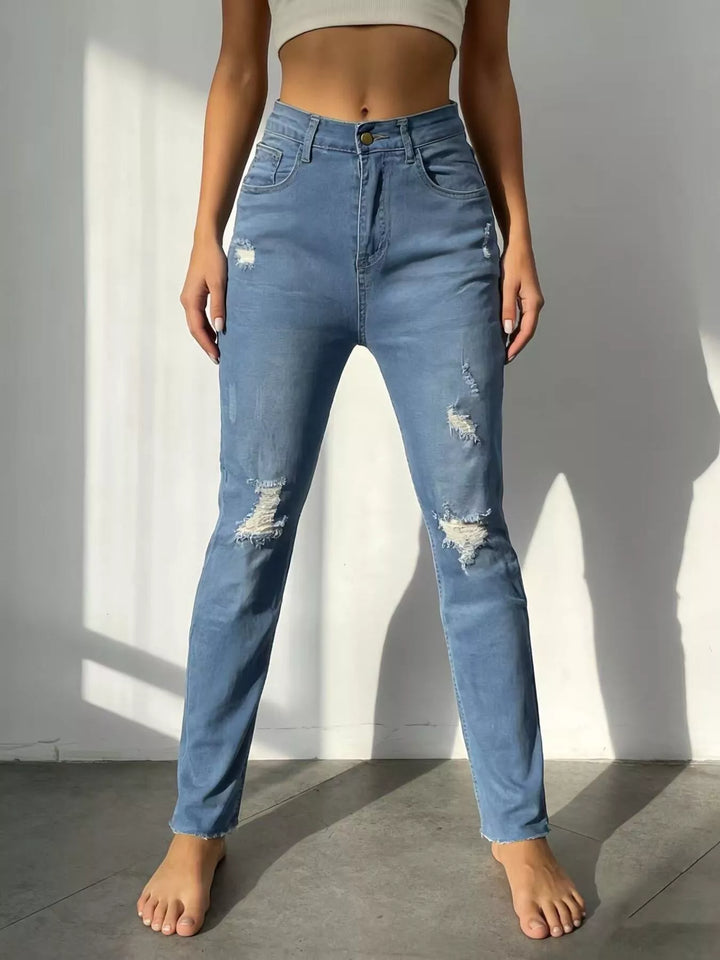 Blue Distressed high-rise skinny jeans with frayed hem
