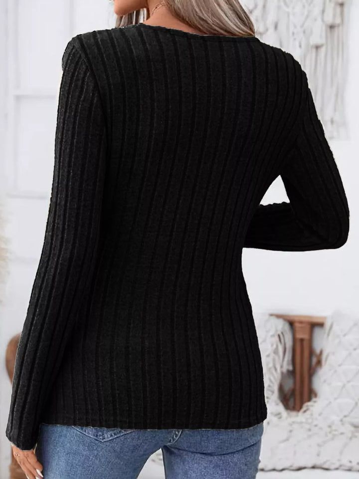 Ribbed knit notched-neck long sleeve top with side buttons