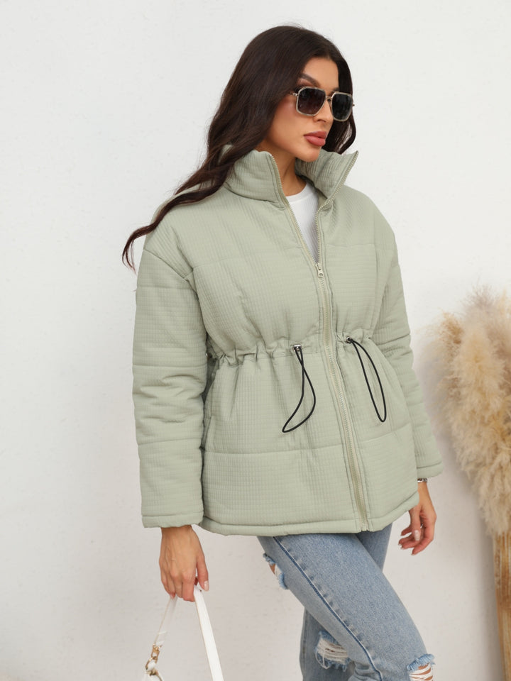 Drawstring waist zip-up puffer jacket with stand collar