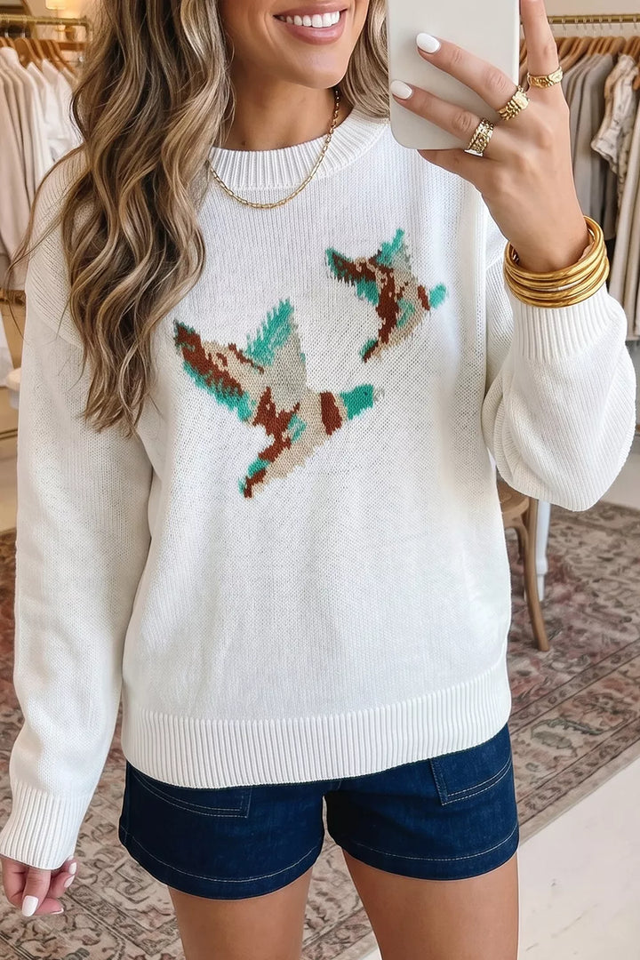 Drop shoulder crew neck sweater with knit bird graphic