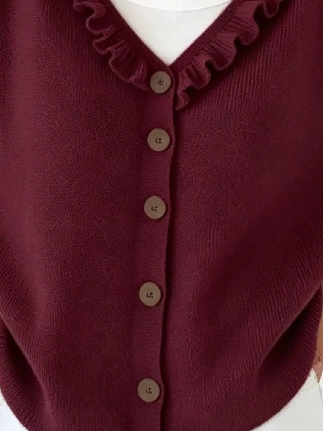 Ruffle-trim V-neck button-front knit cardigan