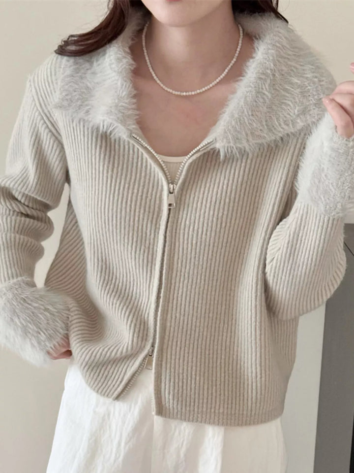 Ribbed knit zip-up cardigan with fluffy faux fur trim