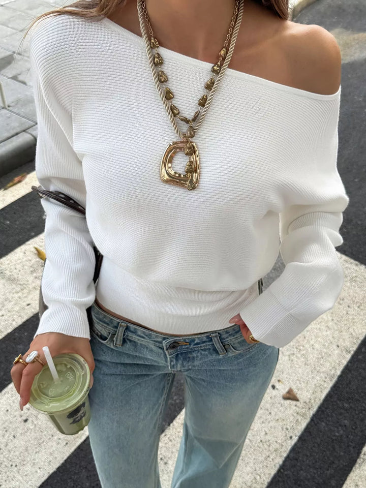 One-shoulder ribbed knit top with dolman sleeves