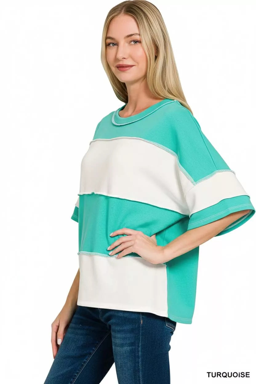 French terry color block top with exposed seams