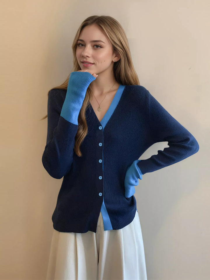 Contrast-trim ribbed knit V-neck button cardigan