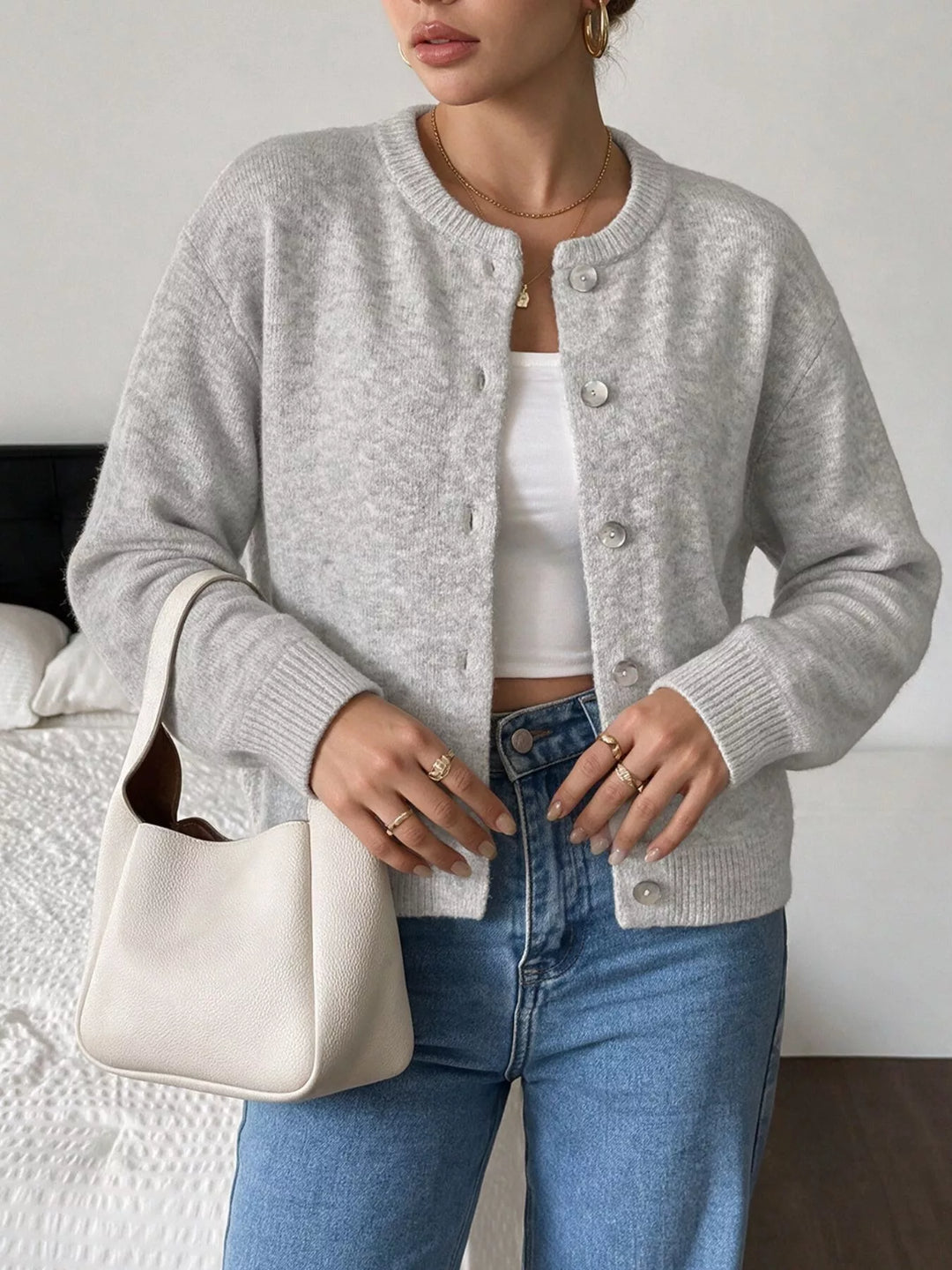 Brushed knit button-down cardigan with ribbed crew neck