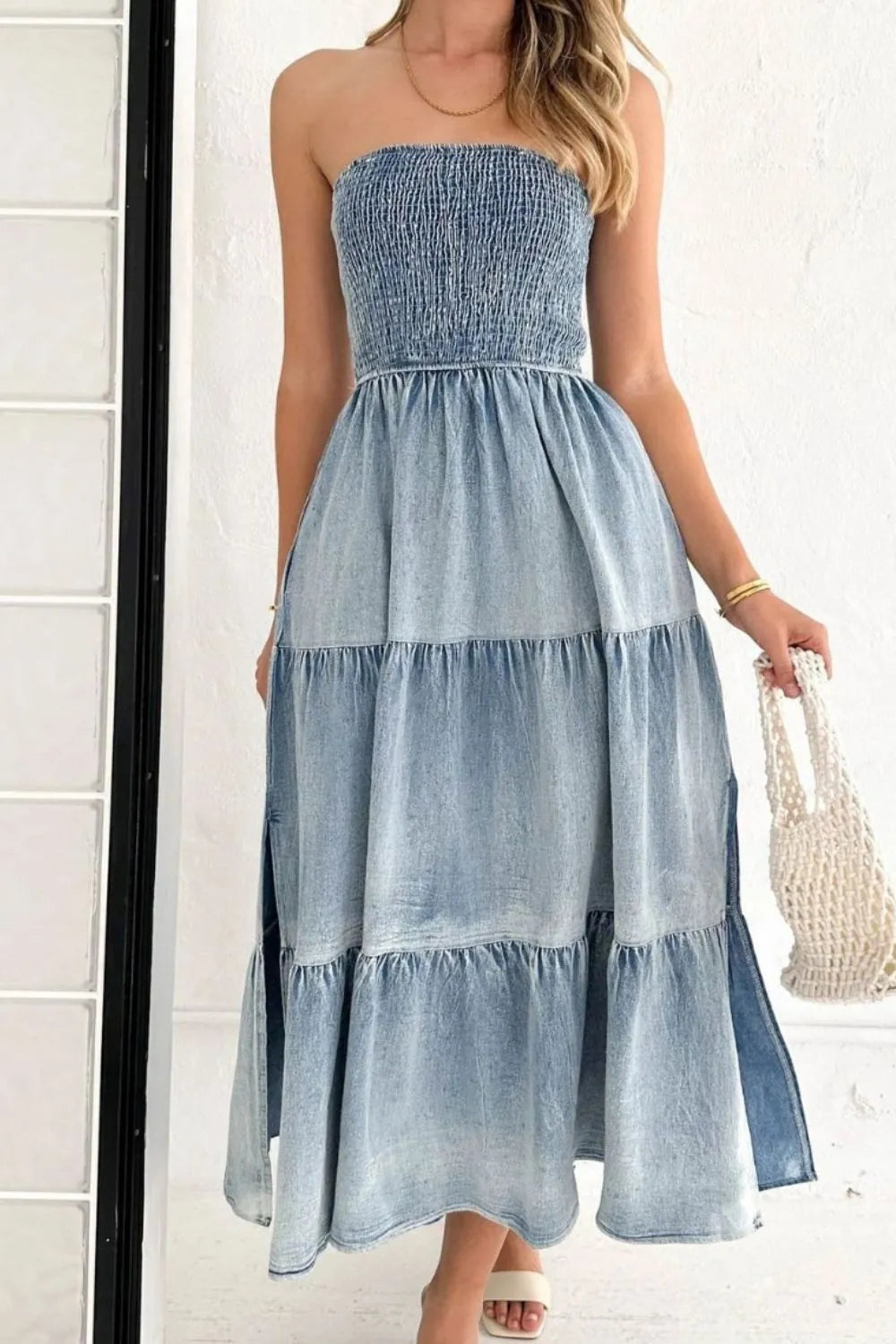 Smocked strapless tiered denim maxi dress with side slit