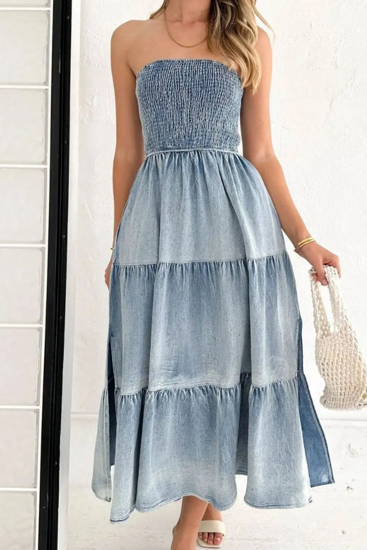 Smocked strapless tiered denim maxi dress with side slit