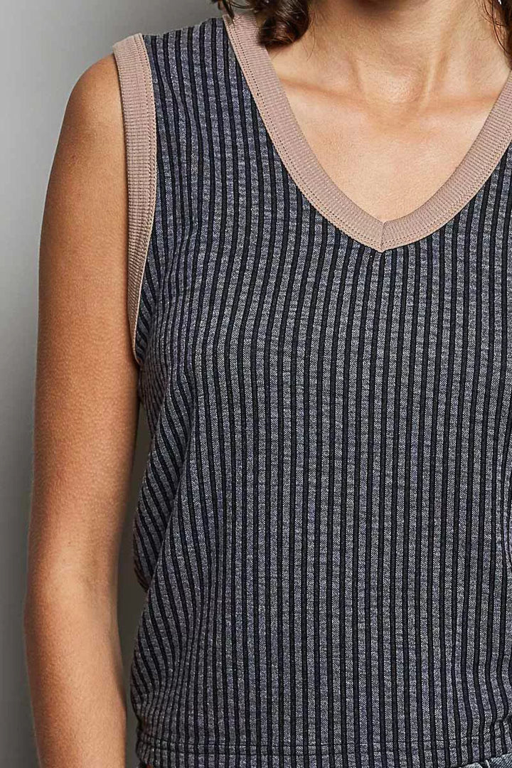 V-neck ribbed sleeveless tank with contrast trim