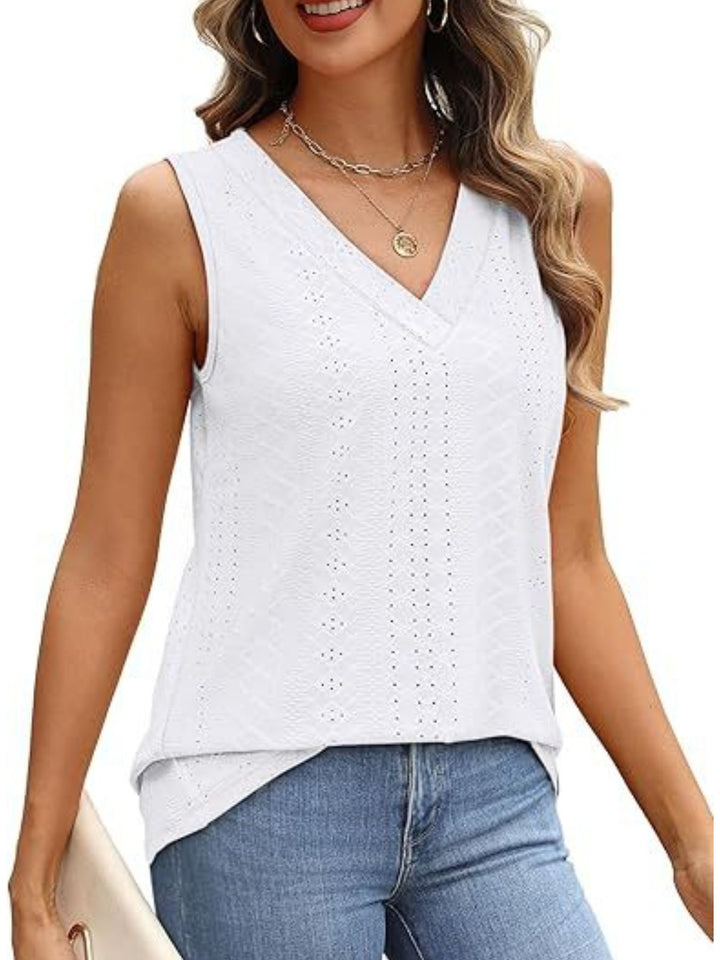 Eyelet V-neck sleeveless tank with diamond texture