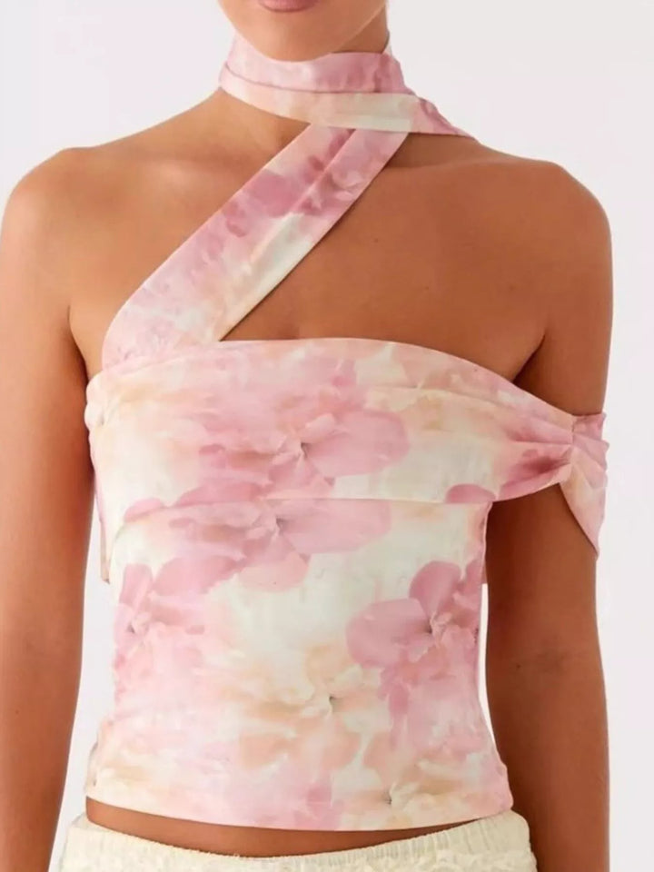 Floral print crossover halter-neck crop cami