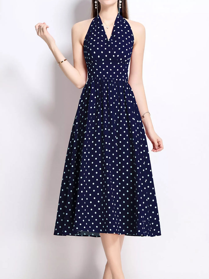 Blue Polka dot halter midi dress with full A-line skirt
