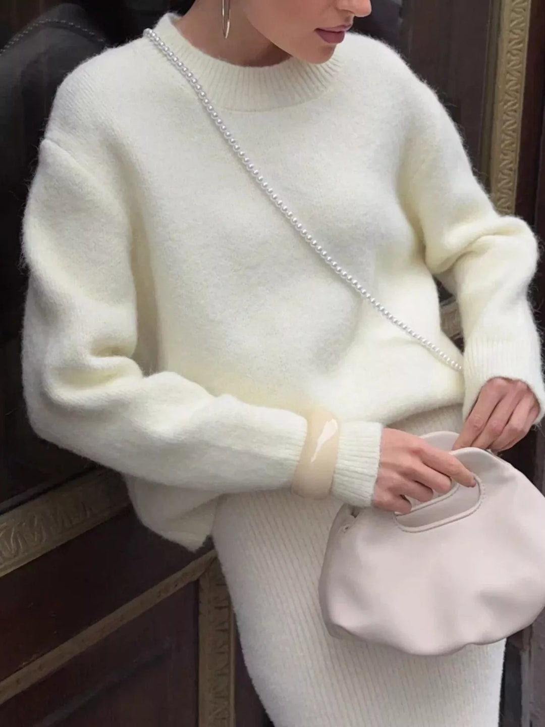 Dropped shoulder brushed knit crew neck sweater