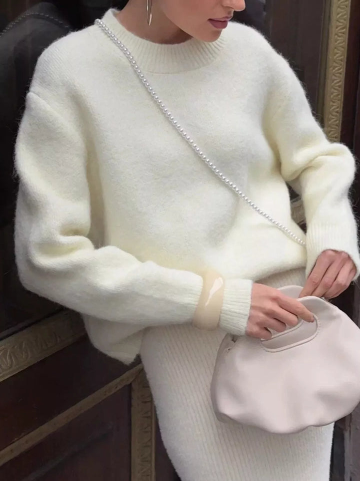 Dropped shoulder brushed knit crew neck sweater
