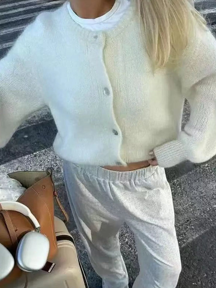 Button-front brushed knit cardigan with ribbed trim