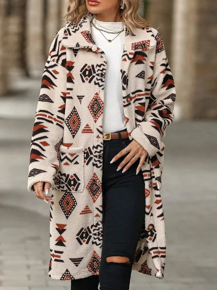 Beige Aztec print button-up longline fleece coat
