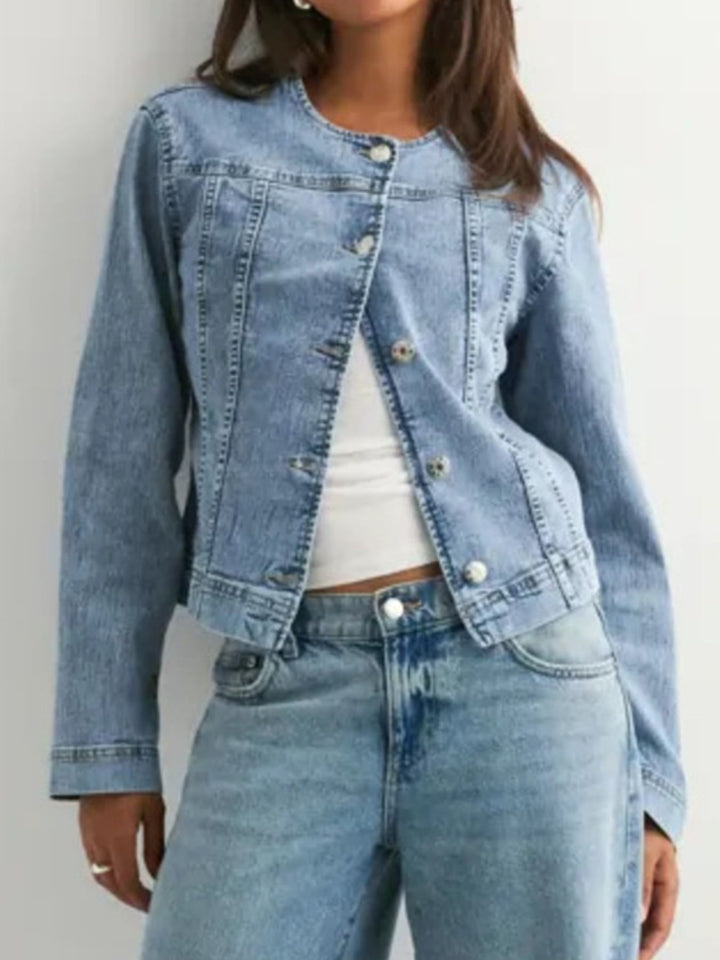 Collarless button-front cropped denim jacket