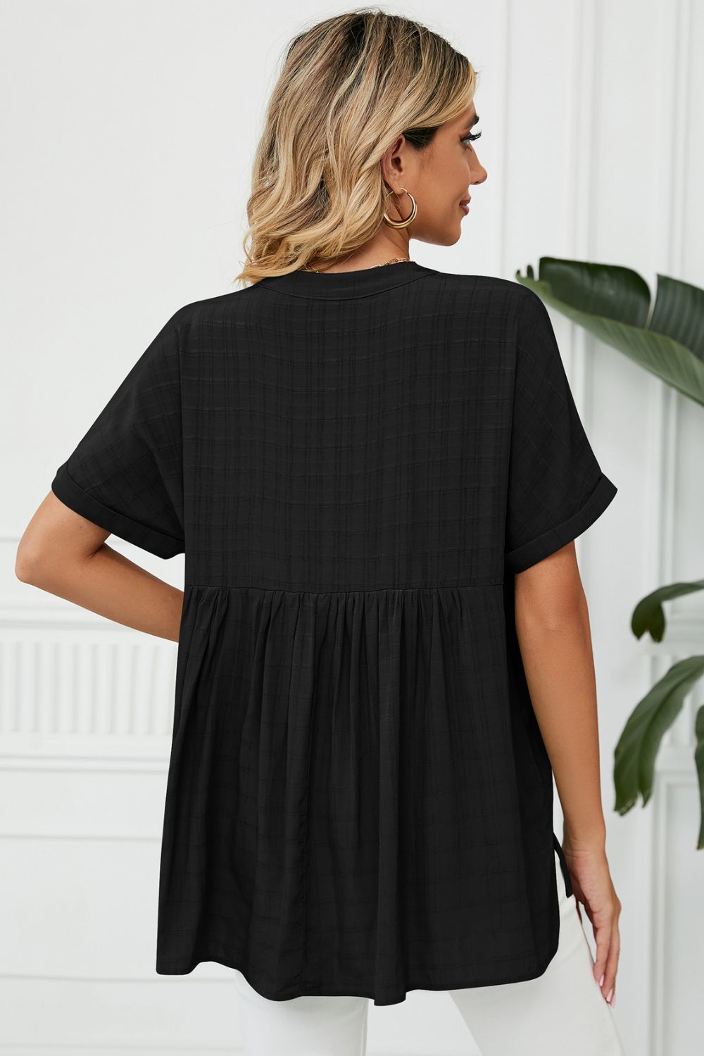 Notched neck cuffed short sleeve blouse with side slits