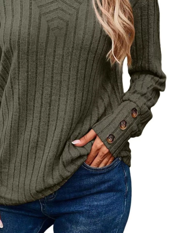 Ribbed knit V-neck top with buttoned cuffs
