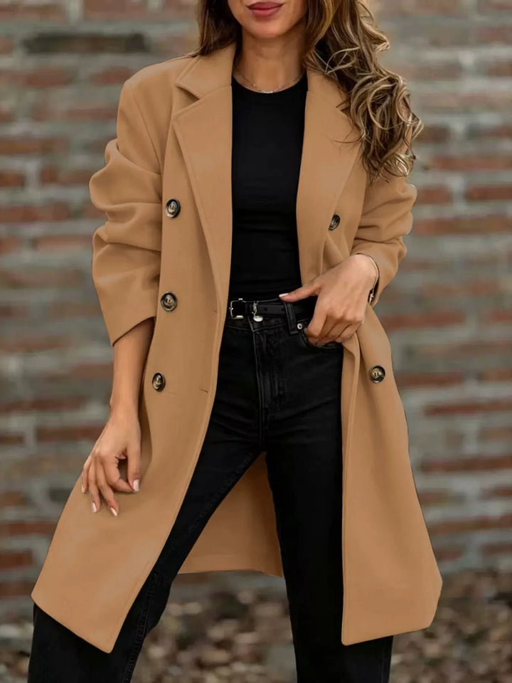 Beige Double-breasted notch lapel longline coat with pockets