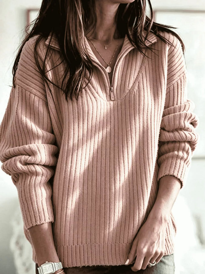 Dusty Pink Half-zip ribbed textured knit pullover sweater
