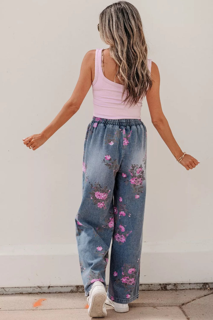 Floral print wide-leg elastic waist pull-on jeans