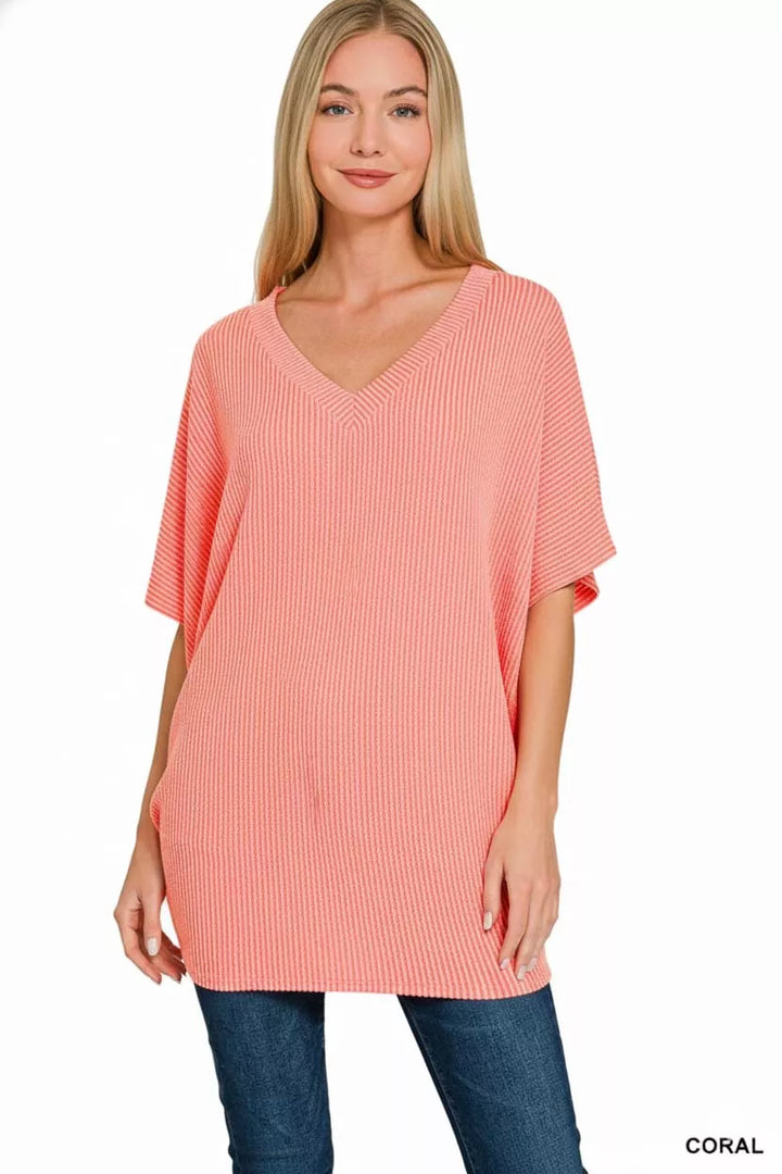 Raised rib batwing V-neck top with relaxed fit