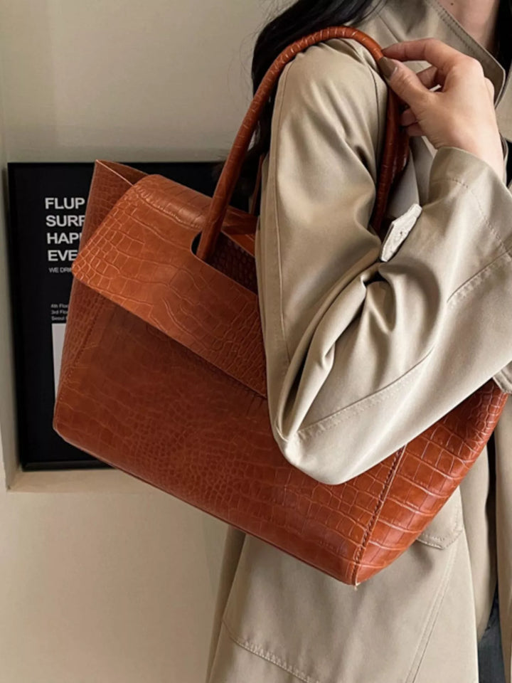 Croc-embossed faux leather shoulder tote bag