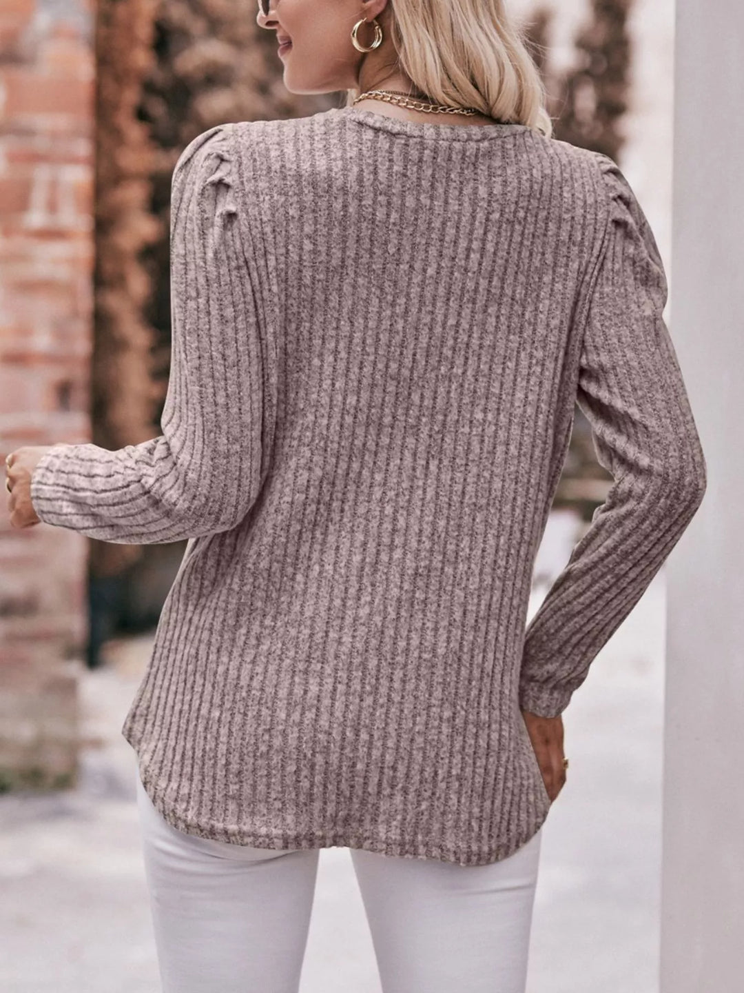 Ribbed knit long sleeve top with puff shoulders