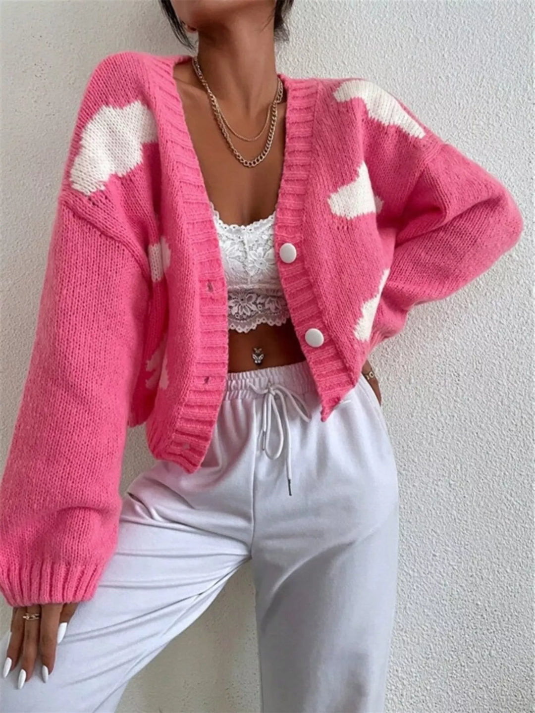 Cropped cloud-print button-up V-neck knit cardigan