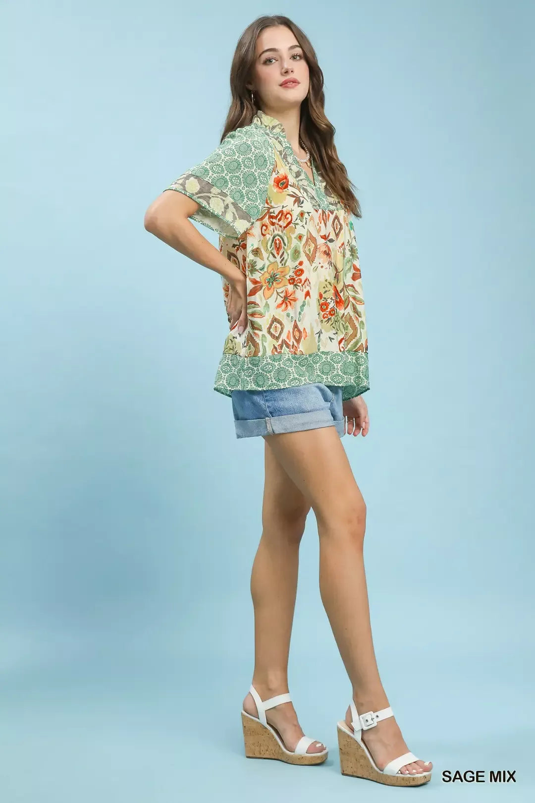 Mixed print v-neck patchwork blouse with short sleeves