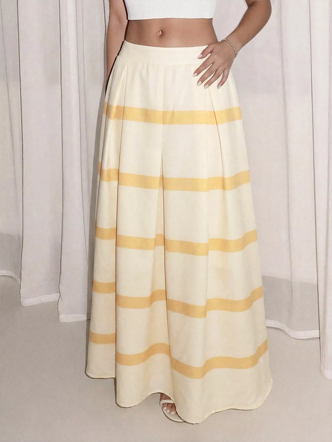 Yellow Striped pleated A-line maxi skirt with pockets