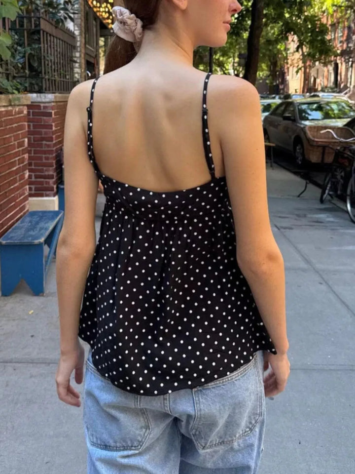 Polka dot v-neck babydoll cami with twist front