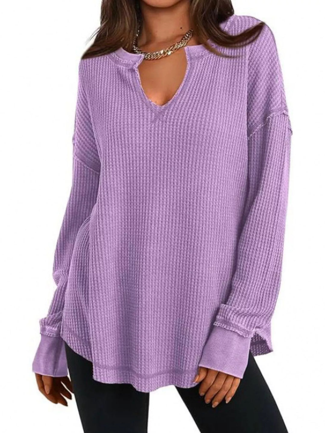 Purple Waffle knit notched neck long sleeve tunic top