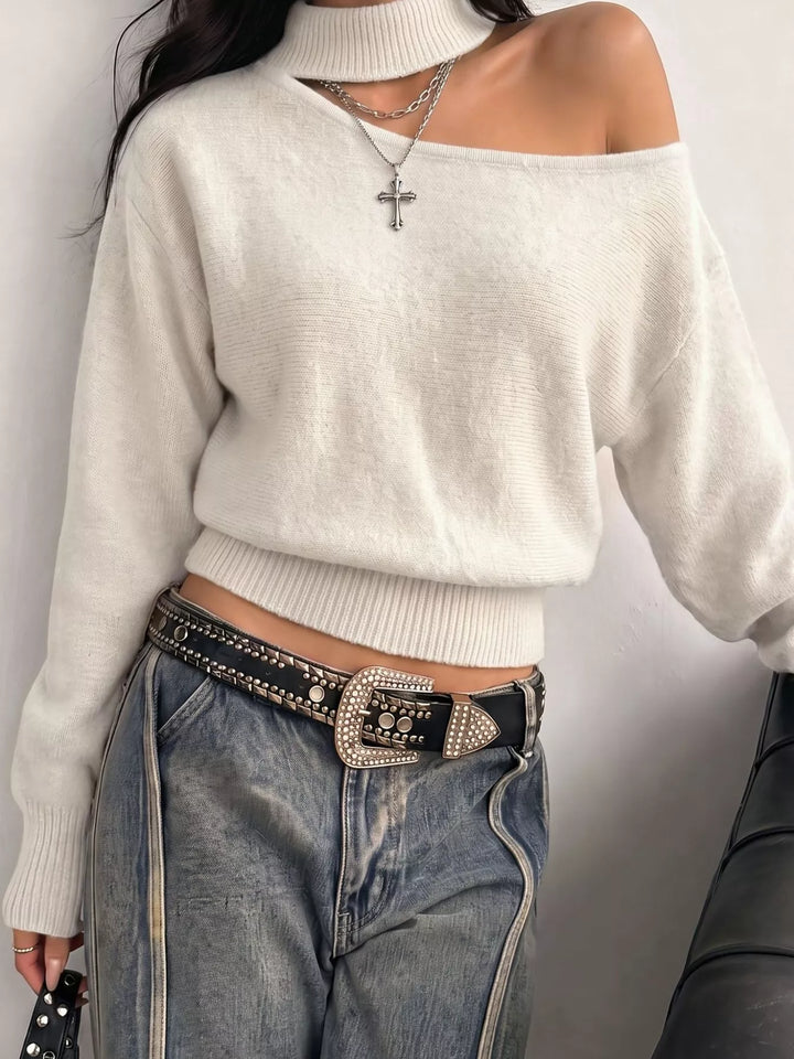 Beige Cutout mock neck one-shoulder knit sweater