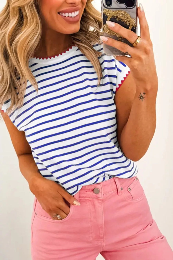 Striped cap sleeve tee with contrast zigzag trim
