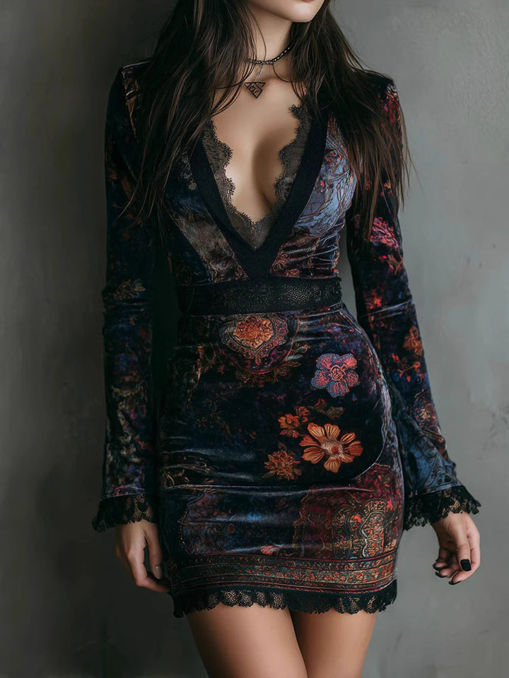 Floral Plunge V-neck velvet floral mini dress with lace trim