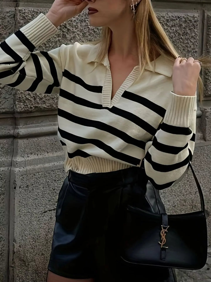 Striped polo collar ribbed knit sweater